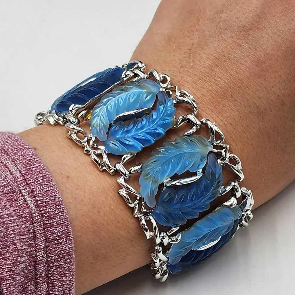 Vintage Blue Tones Thermoset Panel Wide Leaf Bracelet Cuff Mid Century 7.5